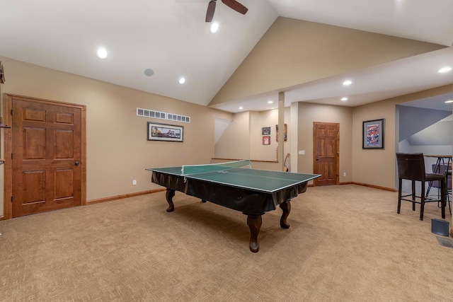 190 Stony Creek Rd, Mankato, MN 56001 - rec room featuring light colored carpet, high vaulted ceiling, recessed lighting, ceiling fan, and baseboards