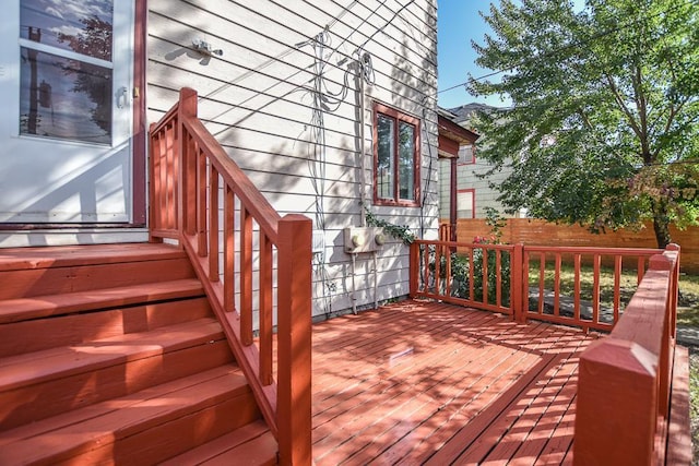 wooden terrace featuring fence