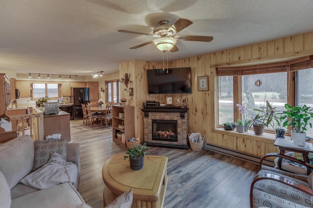 12124 County Road 118, Merrifield, MN 56465 - living area with a textured ceiling, track lighting, light wood-style flooring, a ceiling fan, and wooden walls