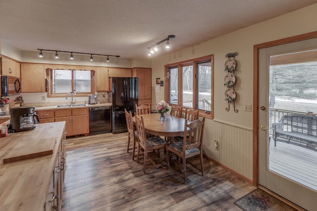 12124 County Road 118, Merrifield, MN 56465 - dining room with light wood finished floors, a wainscoted wall, a textured ceiling, and track lighting