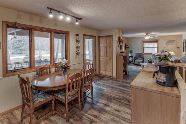 12124 County Road 118, Merrifield, MN 56465 - dining room with dark wood-style flooring, a textured ceiling, a ceiling fan, baseboards, and rail lighting