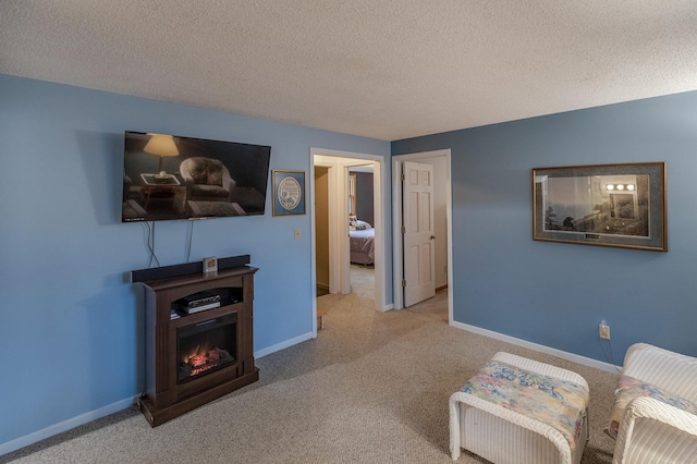 12124 County Road 118, Merrifield, MN 56465 - living area featuring carpet floors, a textured ceiling, baseboards, and a warm lit fireplace