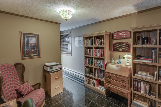 12124 County Road 118, Merrifield, MN 56465 - living area featuring ornamental molding, granite tiled floors, a baseboard radiator, and a textured ceiling