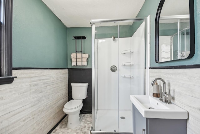 bathroom featuring toilet, vanity, tile walls, and a stall shower