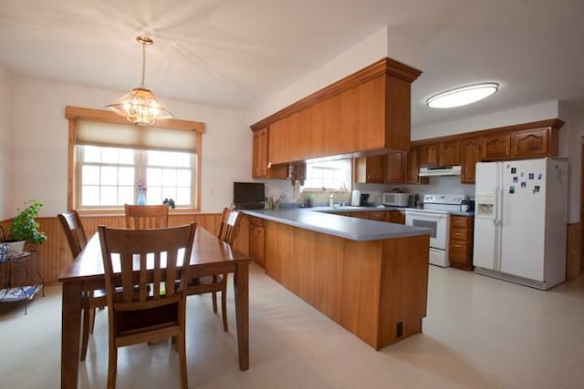 20437 County Highway 65, Henning, MN 56551 - kitchen featuring white appliances, under cabinet range hood, a peninsula, brown cabinetry, and wainscoting