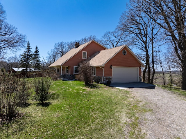 20437 County Highway 65, Henning, MN 56551 - view of front of home with driveway, a chimney, an attached garage, a front yard, and stone siding