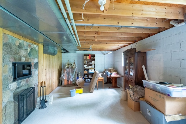 20437 County Highway 65, Henning, MN 56551 - unfinished below grade area with a stone fireplace and concrete block wall