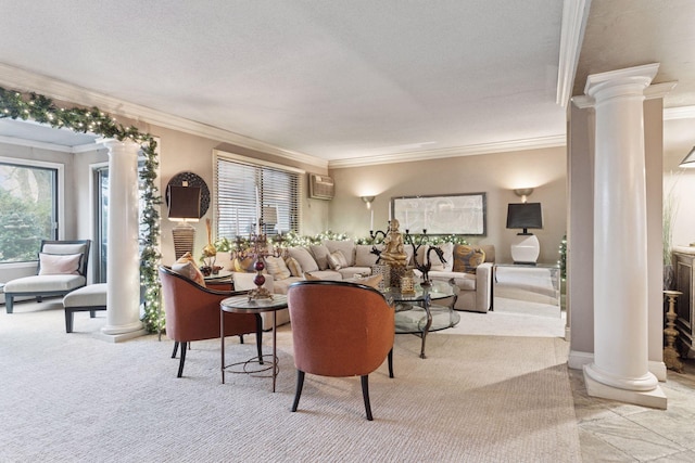carpeted living room featuring ornate columns, ornamental molding, and a wall mounted air conditioner