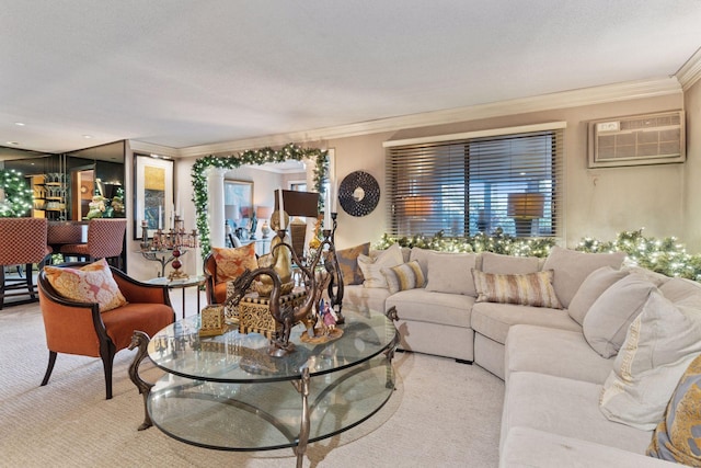 living area with ornamental molding, a wall unit AC, and light colored carpet