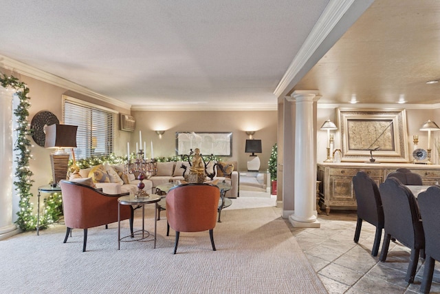 living area featuring decorative columns, crown molding, and a wall mounted air conditioner
