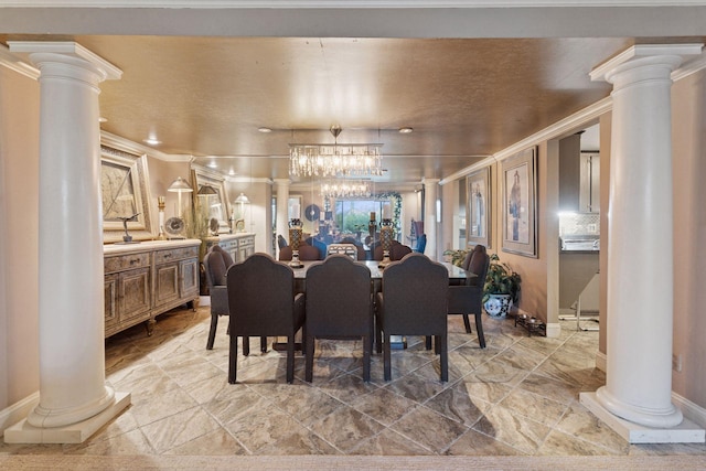 dining area featuring ornate columns, crown molding, baseboards, and marble finish flooring