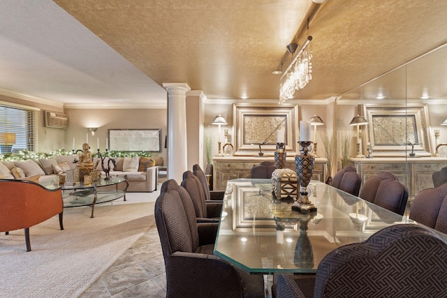 dining space with ornamental molding, decorative columns, a textured ceiling, and a wall unit AC
