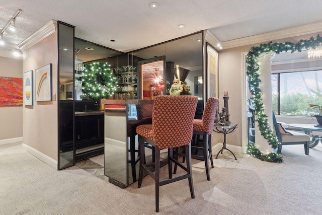 indoor dry bar featuring ornamental molding, carpet, rail lighting, baseboards, and a textured ceiling