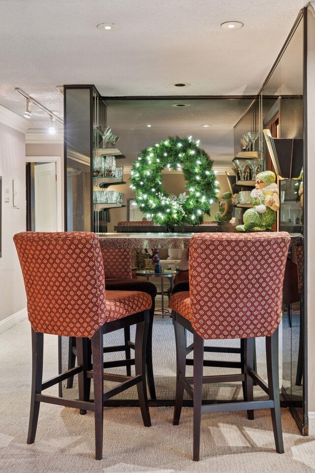 bar area with rail lighting, carpet floors, crown molding, and baseboards