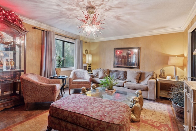 living area with a chandelier and crown molding