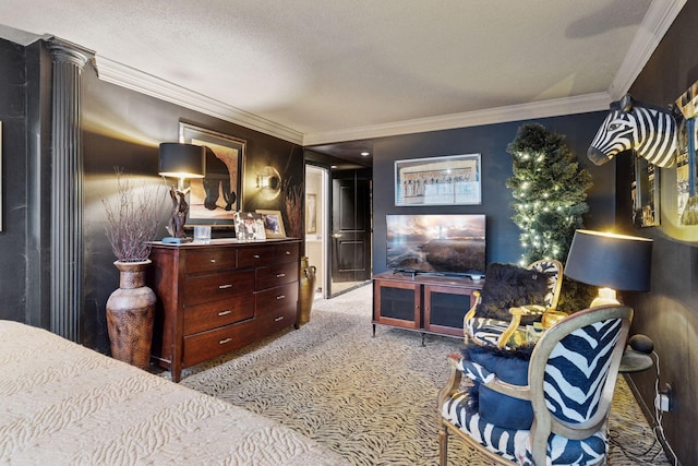 carpeted bedroom featuring crown molding and a textured ceiling