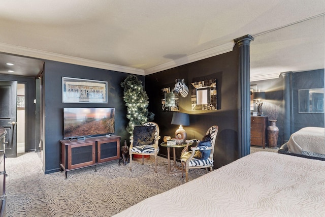 bedroom featuring ornamental molding, carpet floors, baseboards, and ornate columns