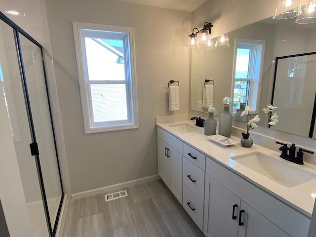 14570 Kingsview Ln N, Dayton, MN 55327 - full bath with healthy amount of natural light, a shower stall, and double vanity