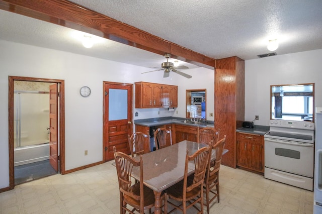 18848 223rd St, Richmond, MN 56368 - kitchen with dark countertops, visible vents, brown cabinetry, light floors, and electric stove