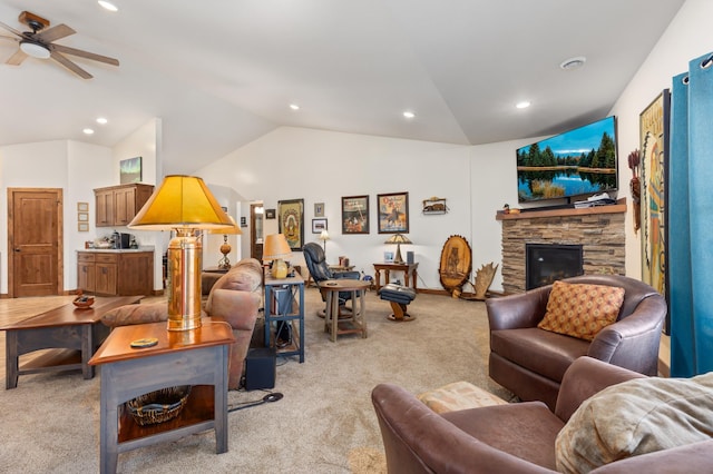16605 Piper Ln, Brainerd, MN 56401 - living area with light colored carpet, vaulted ceiling, a fireplace, ceiling fan, and recessed lighting