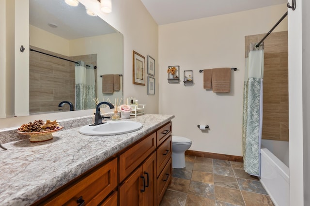 16605 Piper Ln, Brainerd, MN 56401 - full bathroom featuring baseboards, toilet, vanity, stone finish flooring, and shower / tub combo with curtain