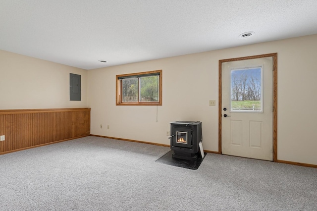 carpeted entrance foyer with visible vents, a wood stove, electric panel, and a wealth of natural light