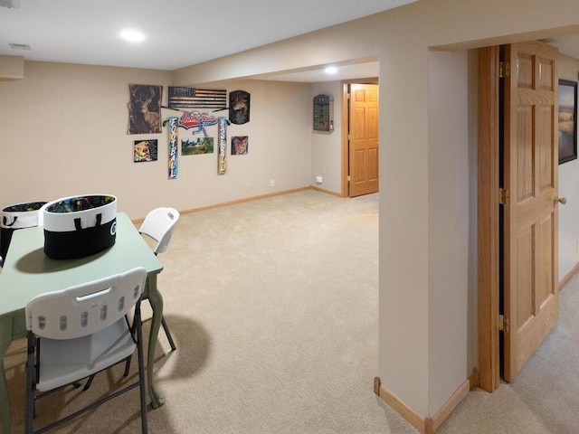 rec room with carpet, baseboards, and recessed lighting