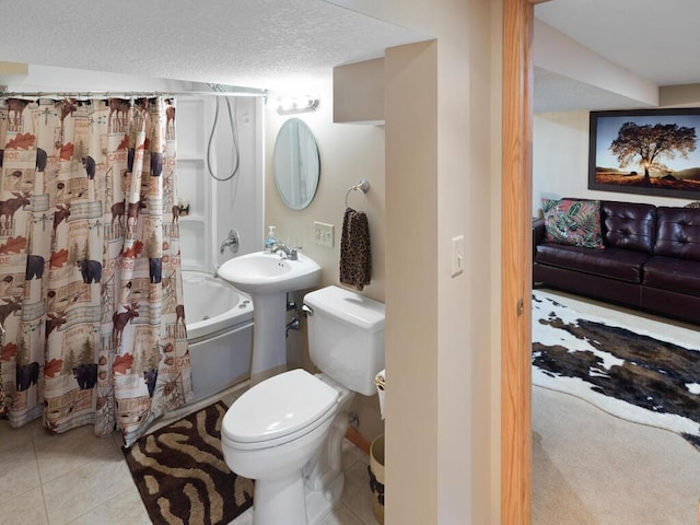 full bath with shower / bathtub combination with curtain, toilet, a textured ceiling, and tile patterned floors