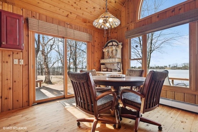 dining space featuring wood walls, light wood finished floors, and plenty of natural light