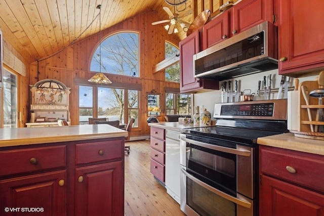 kitchen featuring wooden walls, light wood-style flooring, wood ceiling, and stainless steel appliances