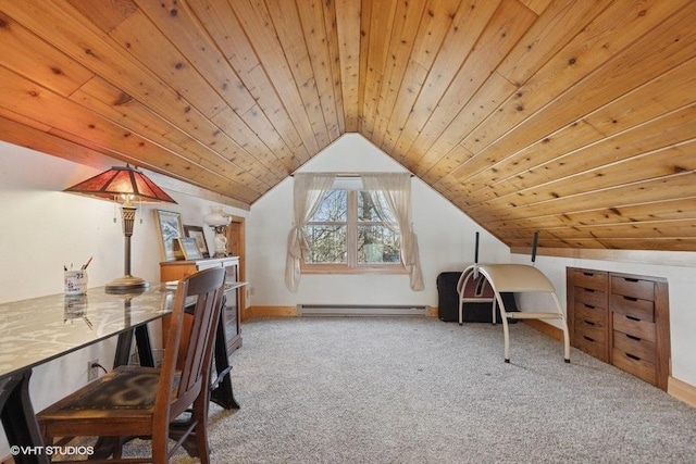 carpeted office space with wood ceiling, baseboards, vaulted ceiling, and baseboard heating