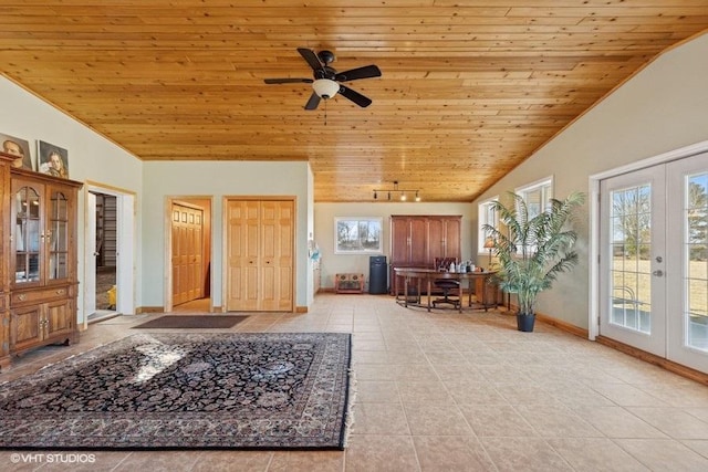 351 12 3/4 Ave, Almena, WI 54805 - foyer entrance featuring wooden ceiling, french doors, light tile patterned floors, baseboards, and ceiling fan