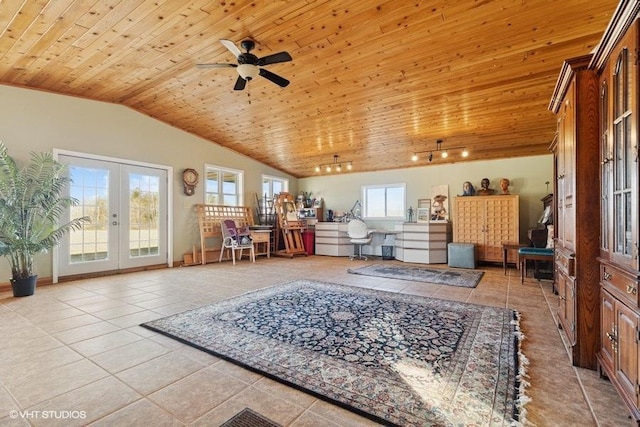 351 12 3/4 Ave, Almena, WI 54805 - living room featuring french doors, wooden ceiling, light tile patterned floors, a ceiling fan, and track lighting