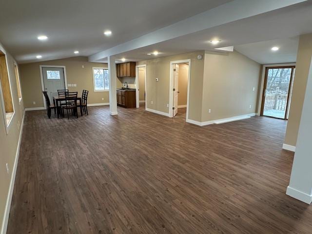 482 US Highway 12, Ortonville, MN 56278 - living room with dark wood-style flooring, baseboards, recessed lighting, and vaulted ceiling