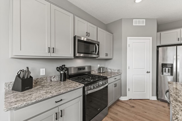 12678 Erskin St NE, Blaine, MN 55449 - kitchen with appliances with stainless steel finishes, light wood-type flooring, light stone counters, and a textured ceiling