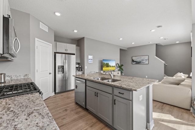 12678 Erskin St NE, Blaine, MN 55449 - kitchen featuring stainless steel appliances, open floor plan, a sink, light wood-style flooring, and recessed lighting