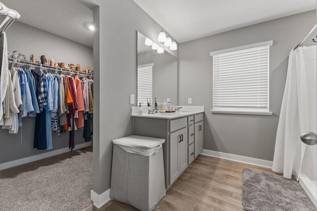 12678 Erskin St NE, Blaine, MN 55449 - bathroom featuring vanity, baseboards, a textured ceiling, a shower with shower curtain, and a walk in closet