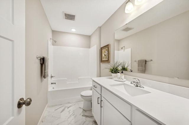 2615 Arbor Dr, Buffalo, MN 55313 - full bath featuring vanity, toilet, visible vents, marble finish floor, and tub / shower combination