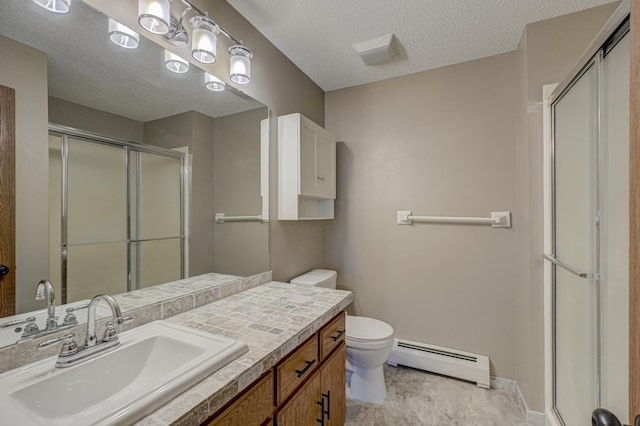 14831 Endicott Way Unit 315, Apple Valley, MN 55124 - full bathroom with toilet, a baseboard radiator, a textured ceiling, a shower stall, and vanity