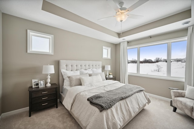 19995 Hunters Rdg, Corcoran, MN 55374 - bedroom with light colored carpet, baseboards, a tray ceiling, and a ceiling fan
