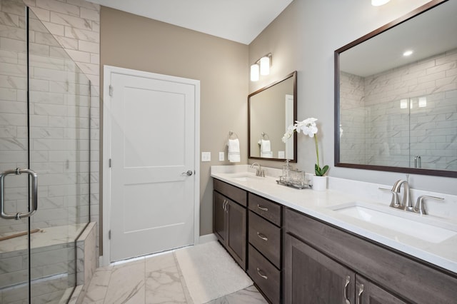 19995 Hunters Rdg, Corcoran, MN 55374 - full bath featuring marble look tile flooring, a shower stall, double vanity, and baseboards