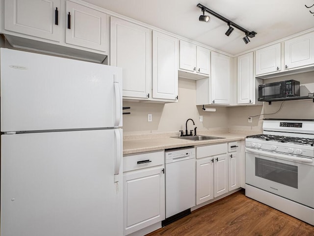 4136 Queen Ave S Unit 108, Minneapolis, MN 55410 - kitchen with white appliances, a sink, white cabinets, dark wood-type flooring, and light countertops