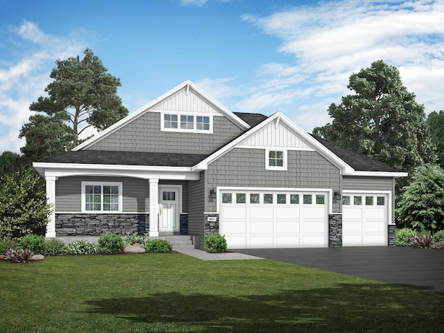 19993 Hunters Rdg, Corcoran, MN 55374 - craftsman-style home featuring stone siding, roof with shingles, aphalt driveway, and a front yard