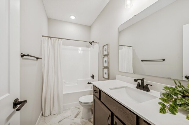 19993 Hunters Rdg, Corcoran, MN 55374 - bathroom with marble look tiles, toilet, vanity, shower / bathtub combination with curtain, and recessed lighting