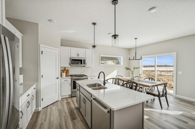 19993 Hunters Rdg, Corcoran, MN 55374 - kitchen featuring appliances with stainless steel finishes, a sink, light wood-style flooring, a textured ceiling, and tasteful backsplash