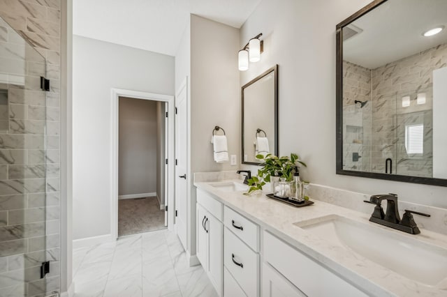 19993 Hunters Rdg, Corcoran, MN 55374 - full bathroom with a shower stall, marble finish flooring, double vanity, and baseboards