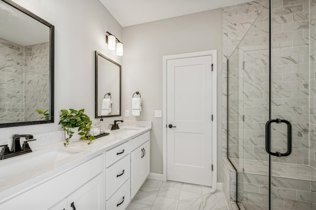 19993 Hunters Rdg, Corcoran, MN 55374 - full bathroom featuring double vanity, marble finish floor, a stall shower, and a sink