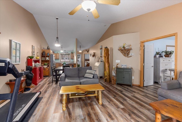 68 Crown Pointe Curv, Hudson, WI 54016 - living room with lofted ceiling, ceiling fan, baseboards, and wood finished floors