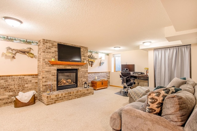 carpeted living area with a textured ceiling and a fireplace