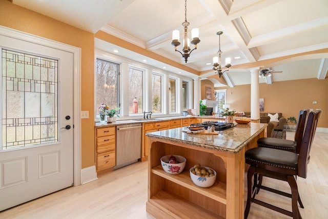 kitchen with coffered ceiling, light wood-style flooring, a chandelier, dishwasher, and ornate columns
